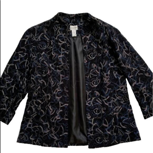 Chico’s Jacket Black Embroidered 3/4 Sleeve Open Front Jacket Blazer Size Medium - Picture 11 of 11